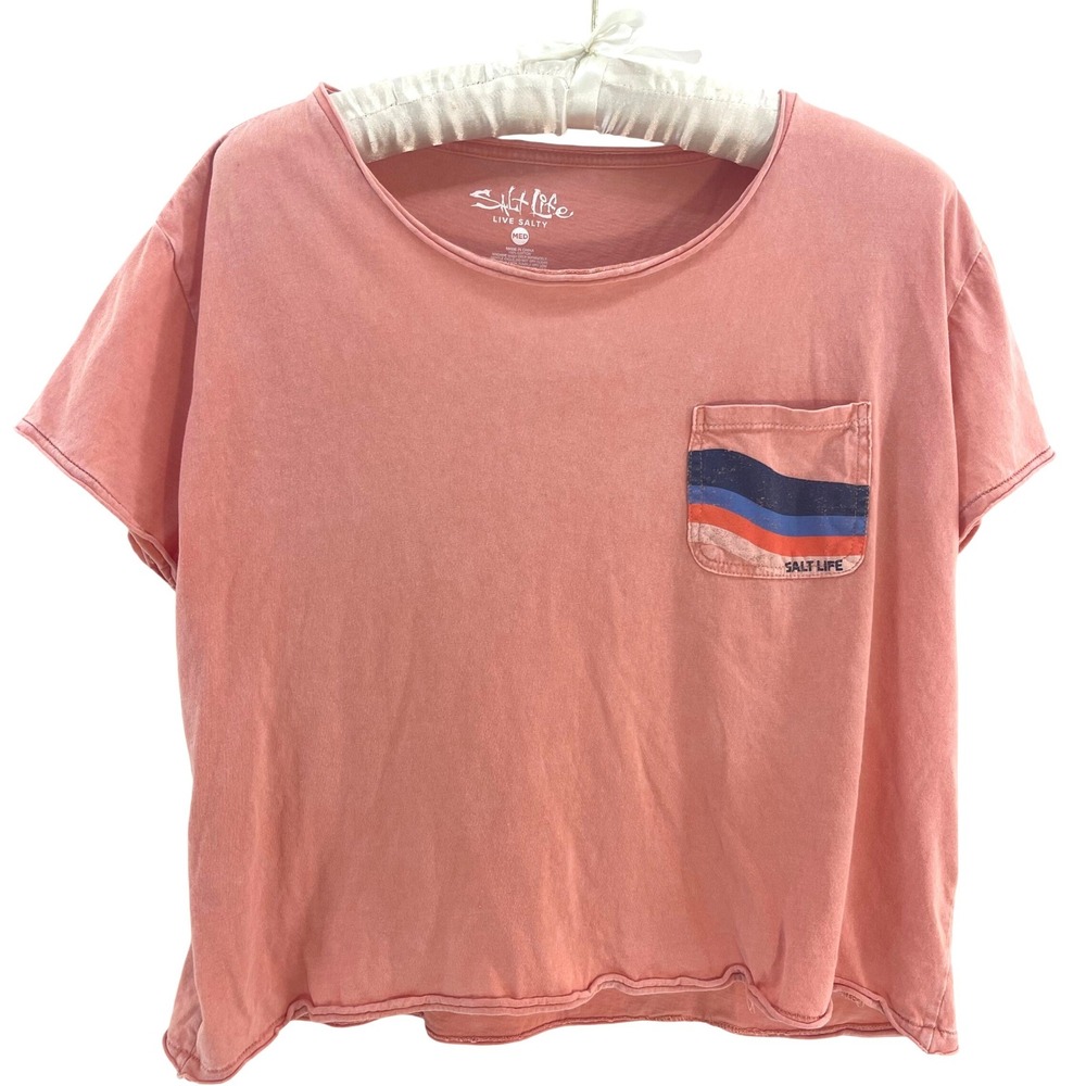 Salt Life Pocket T-Shirt Womens M Pink Roll Hem Long Crop Surf Beach Coastal